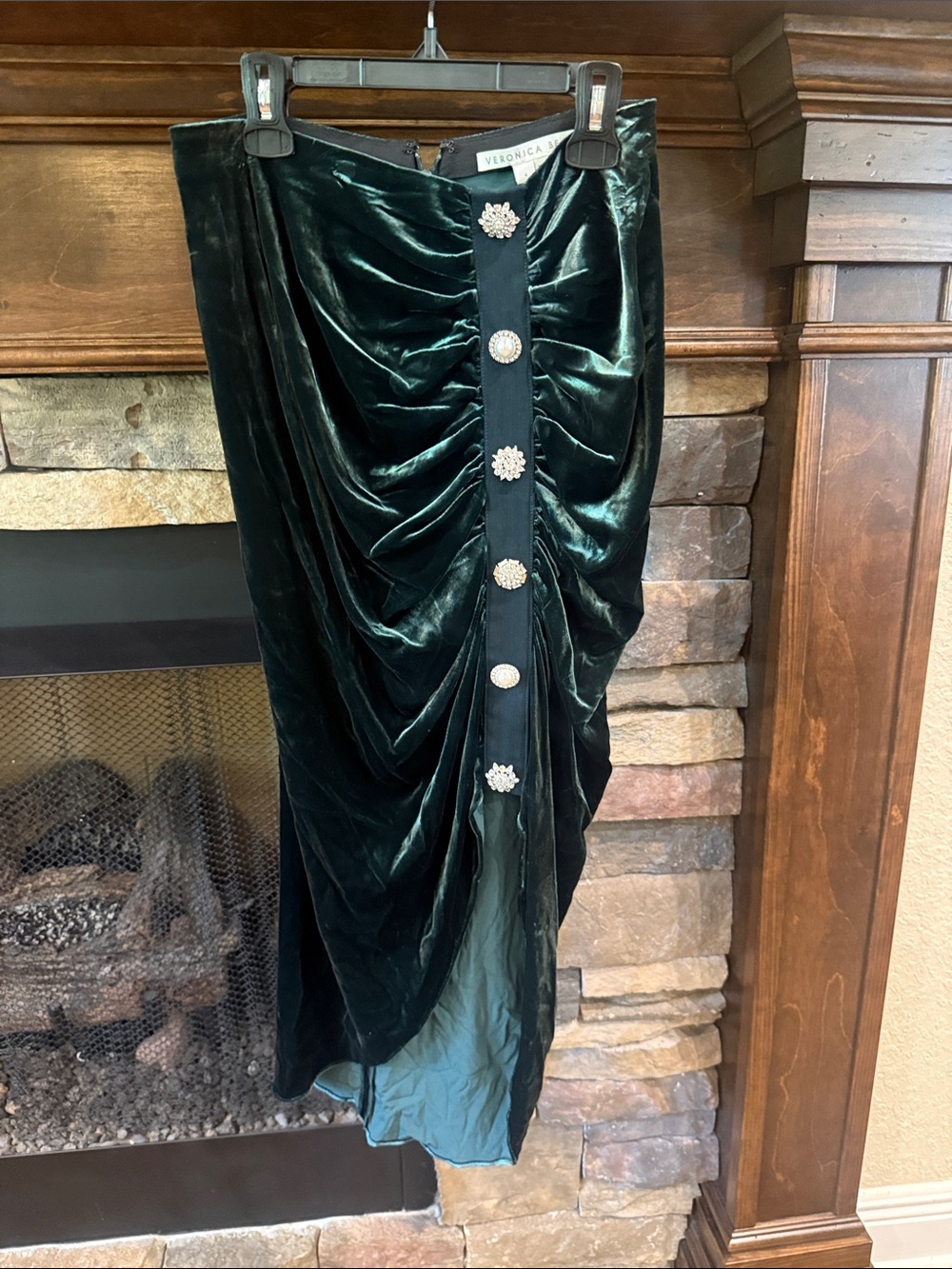 Veronica Beard Dark Emerald Velvet Midi Skirt with Jeweled Buttons